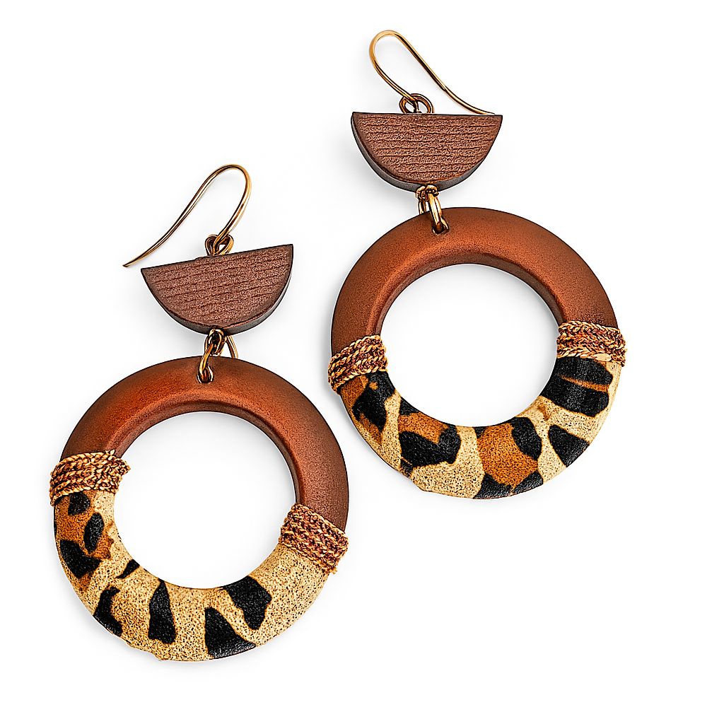 C.I.T.Y. Boho Leopard Animal Print Wood Cable Chain Hoop Dangle Earrings New